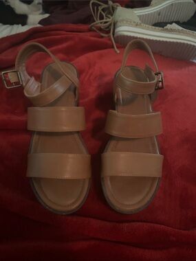 Herstyle Tan Triple-Strap Open-Toe Sandals